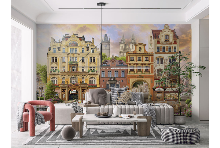 Фотообои «Панорамный вид на улицу старого города с кафе и аркой» в интерьере