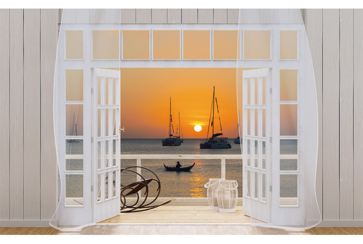 Фотообои «Деревянная веранда с окном на вечер в море»