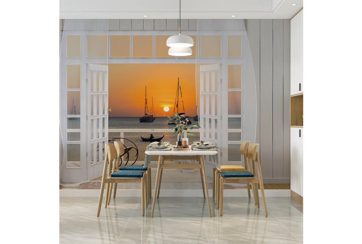 Фотообои «Деревянная веранда с окном на вечер в море» в интерьере