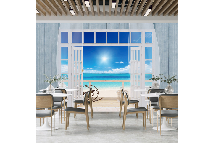 Фотообои «Терраса с окном в Малибу с видом на море» в интерьере