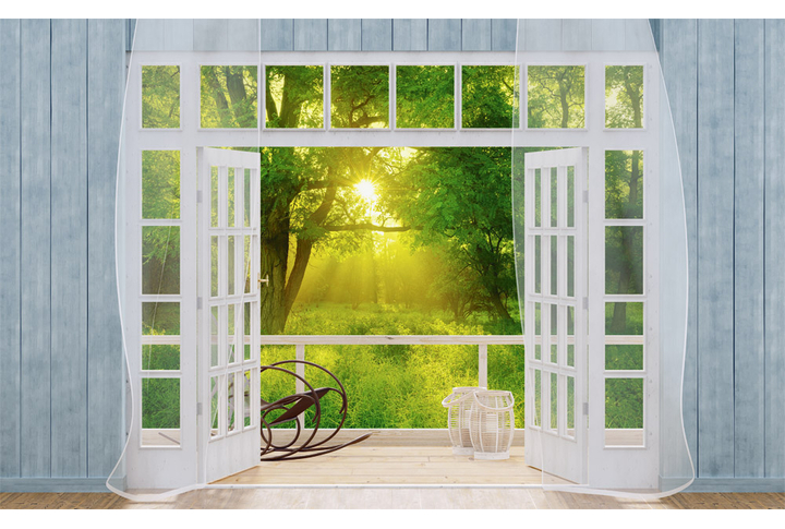 Фотообои «Солнечная веранда с окном на утренний лес»