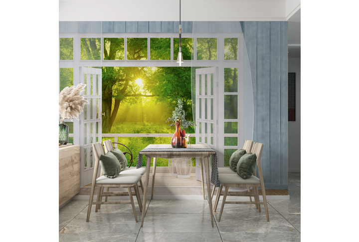 Фотообои «Солнечная веранда с окном на утренний лес» в интерьере