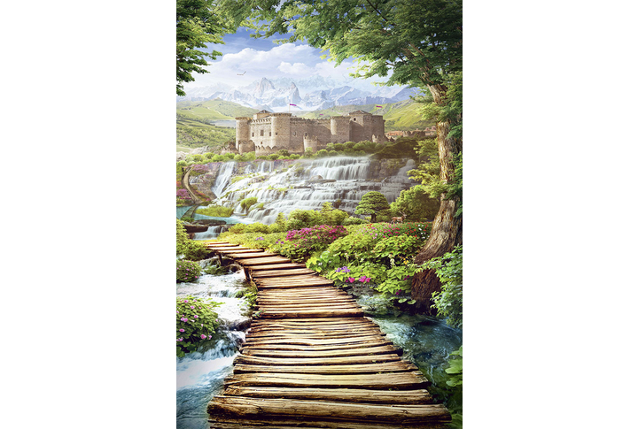 Фотообои «Дорожка в лесу к замку через реку»