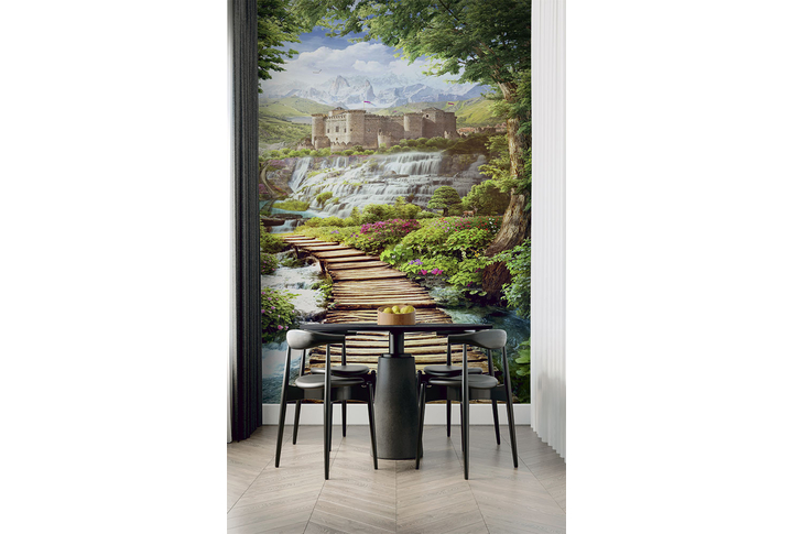 Фотообои «Дорожка в лесу к замку через реку» в интерьере