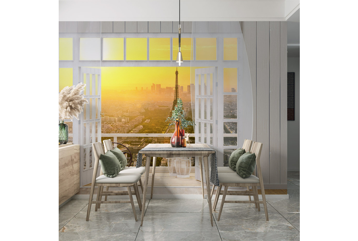 Фотообои «Балкончик с видом на Париж на закате» в интерьере