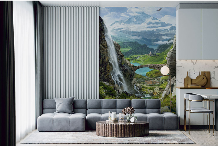 Фотообои «Пейзаж с видом на затерянную в горах старую деревню» в интерьере
