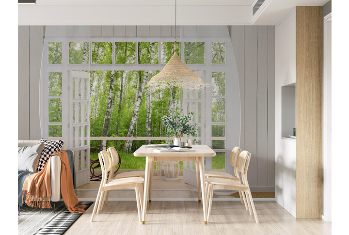Фотообои «Большое окно на террасе в березовом лесу» в интерьере