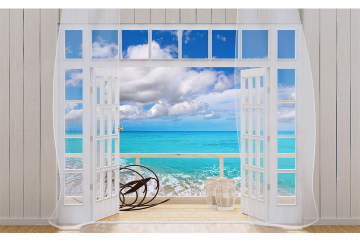 Фотообои «Бежевая веранда и распахнутое окно у моря»