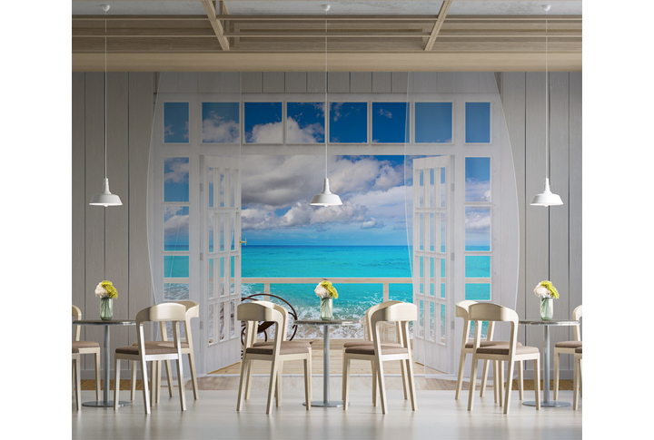 Фотообои «Бежевая веранда и распахнутое окно у моря» в интерьере