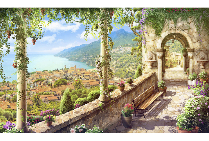 Фотообои «Солнечная терраса с колоннами и аркой на улице старого городка»