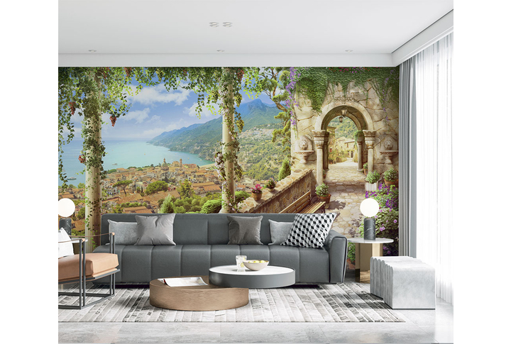 Фотообои «Солнечная терраса с колоннами и аркой на улице старого городка» в интерьере