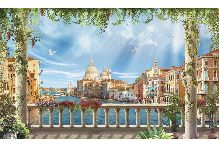 Фотообои «Панорамная терраса с колоннами, вид на Венецию с балкона»