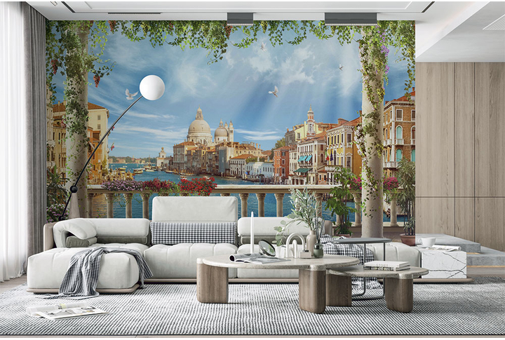 Фотообои «Панорамная терраса с колоннами, вид на Венецию с балкона» в интерьере