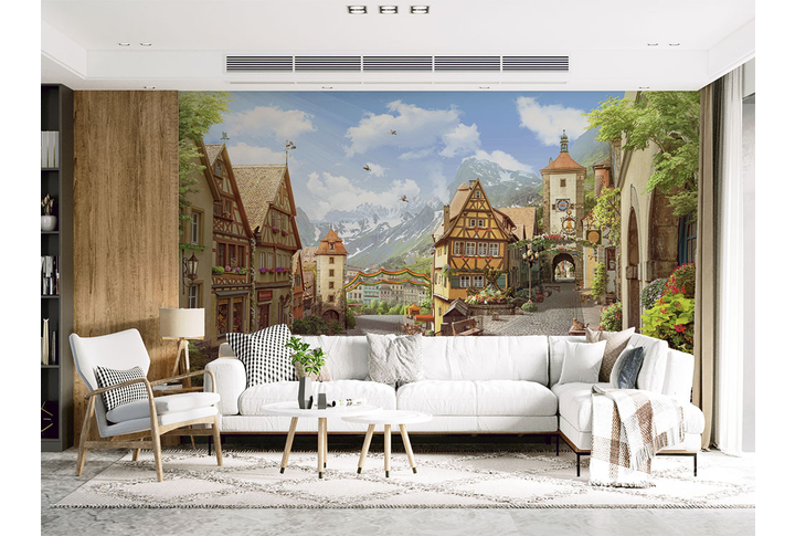 Фотообои «Панорама улочки старого города в горах» в интерьере