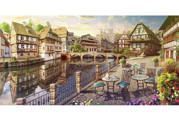 Фотообои «Панорамный вид на старый город с набережной и кафе»