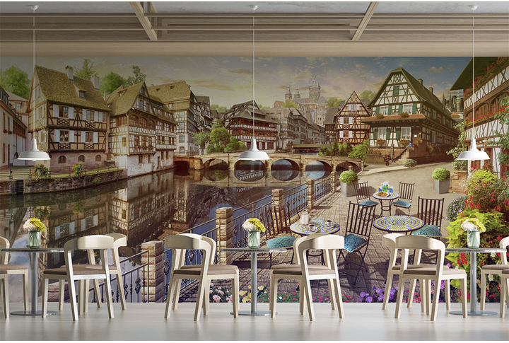 Фотообои «Панорамный вид на старый город с набережной и кафе» в интерьере