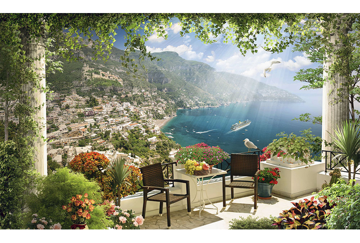 Фотообои «Цветущая веранда с колоннами и старым кафе»