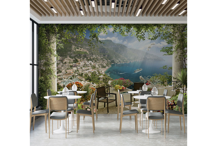 Фотообои «Цветущая веранда с колоннами и старым кафе» в интерьере