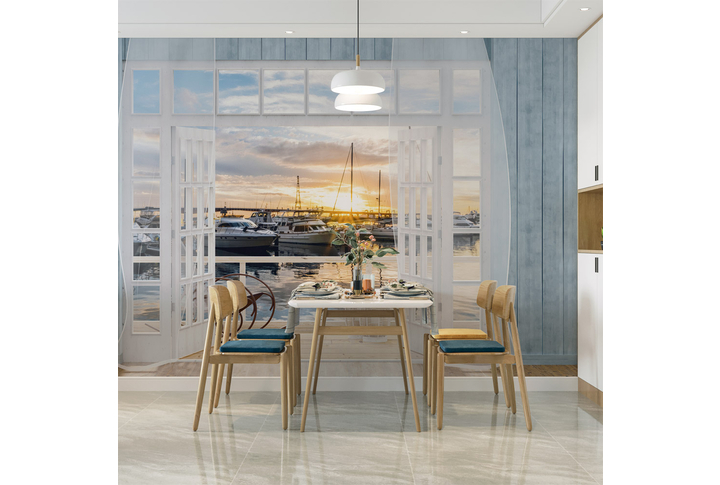 Фотообои «Терраса с видом на бухту с яхтами» в интерьере