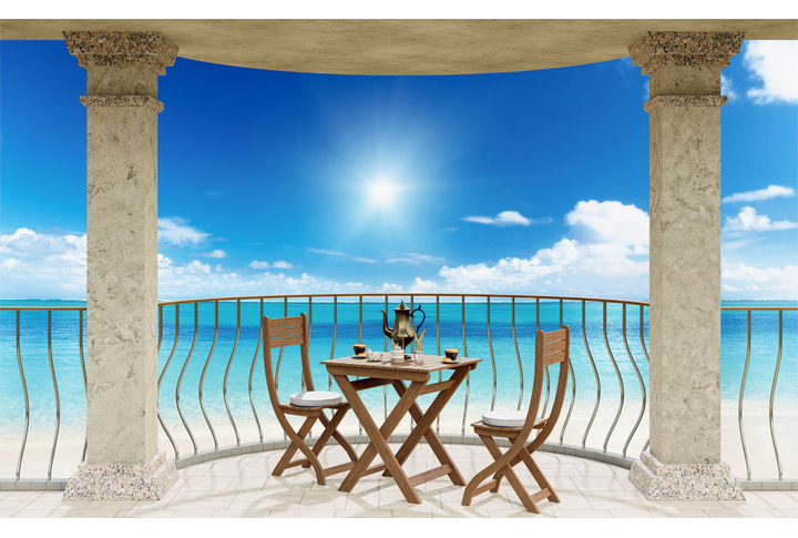 Фотообои «Балкон с кафе и видом на море»