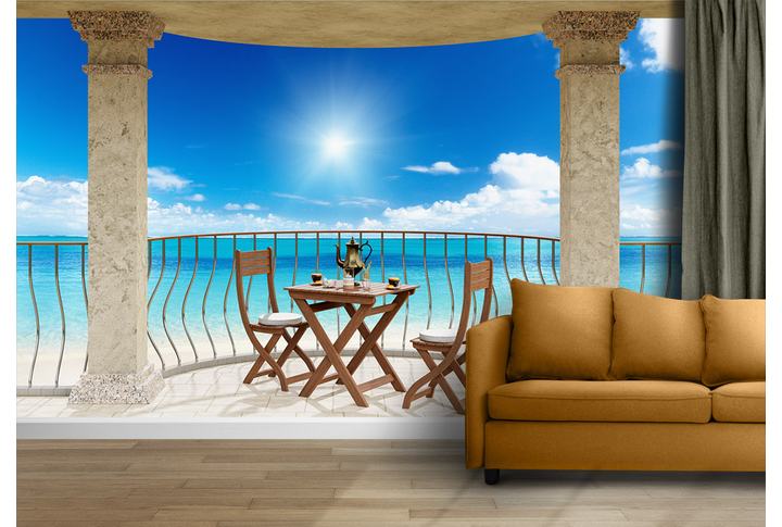 Фотообои «Балкон с кафе и видом на море» в интерьере