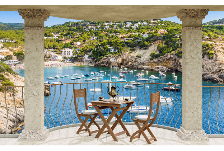 Фотообои «Терраса с кафе у морской бухты»