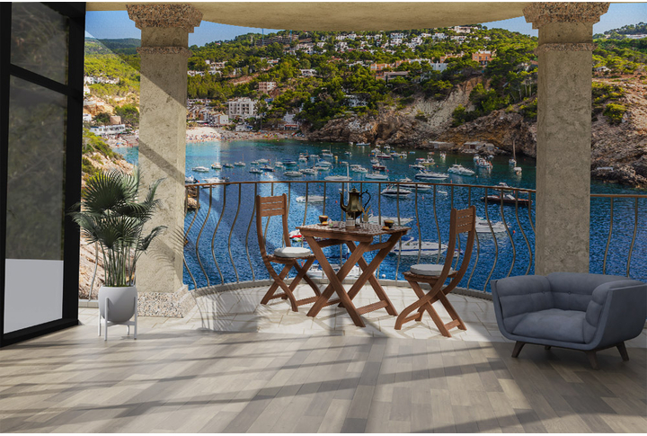 Фотообои «Терраса с кафе у морской бухты» в интерьере