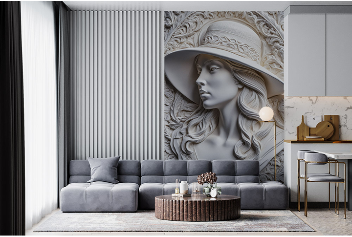 Фотообои «Женщина в шляпе 3D» в интерьере