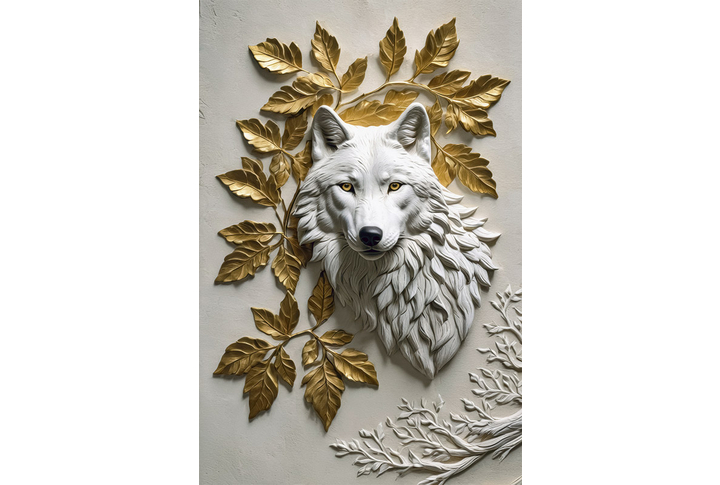 Фотообои «Белый волк 3Д и золотые листья»