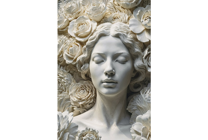 Фотообои «Девушка и розы под каменный барельеф»