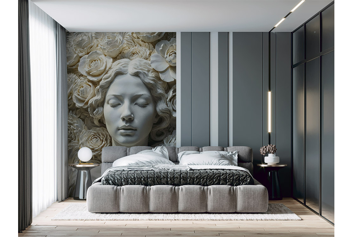Фотообои «Девушка и розы под каменный барельеф» в интерьере