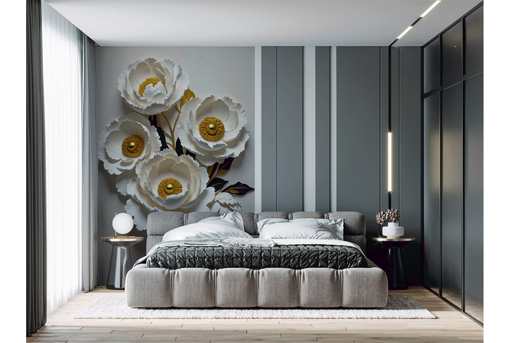 Фотообои «Барельеф с пионами под лепнину» в интерьере