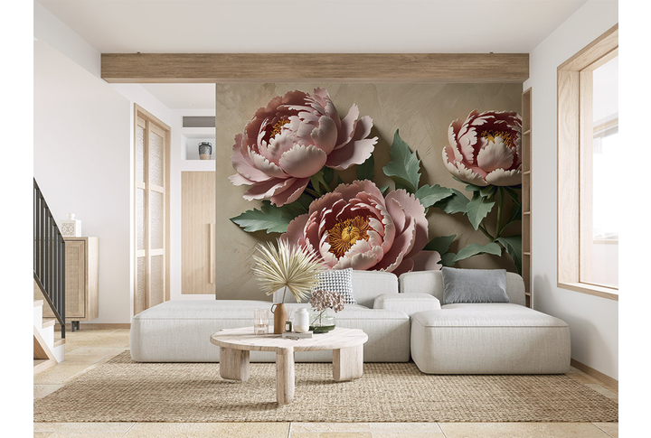 Фотообои «Барельеф пионы стереоскопические» в интерьере