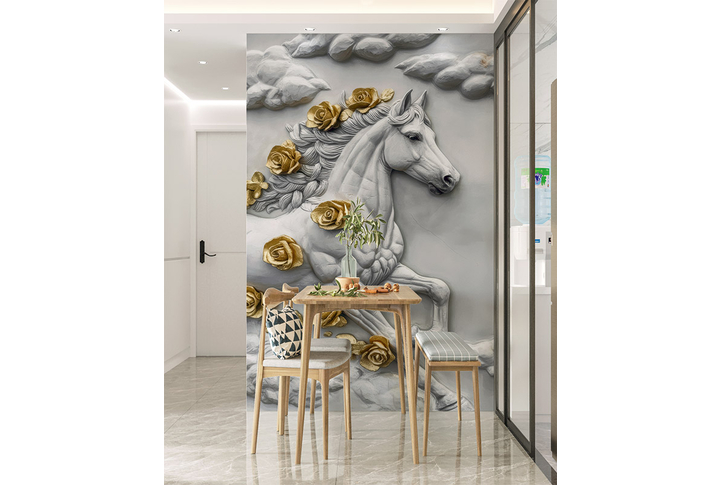 Фотообои «Барельеф с лошадью и золотыми цветами» в интерьере
