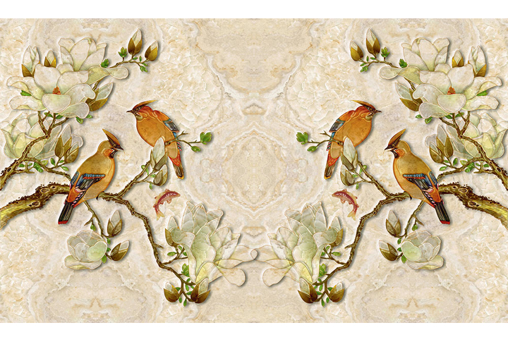 Фотообои «Мраморная композиция с магнолиями и птицами на ветках»