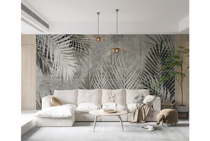 Фотообои «Пальмовые листья на бетонной стене» в интерьере