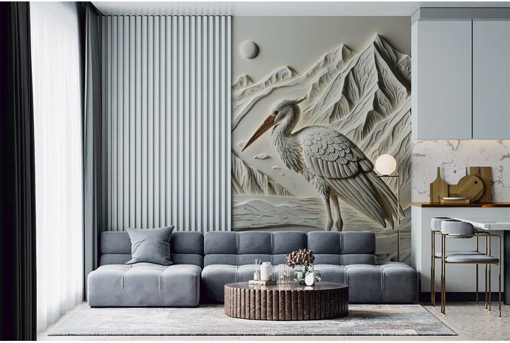 Фотообои «Аист на фоне гор, барельеф» в интерьере
