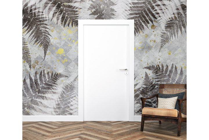 Фотообои «Тропический папоротник силуэты на бетоне» в интерьере