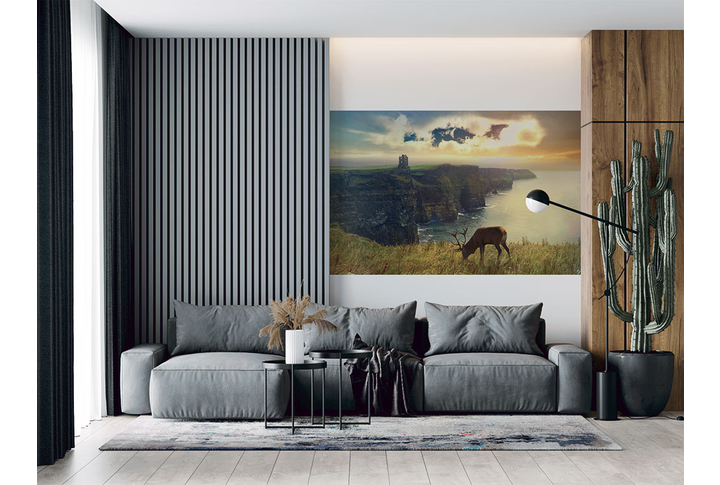 Фотообои «Пейзаж природы с оленем в горах у моря» в интерьере
