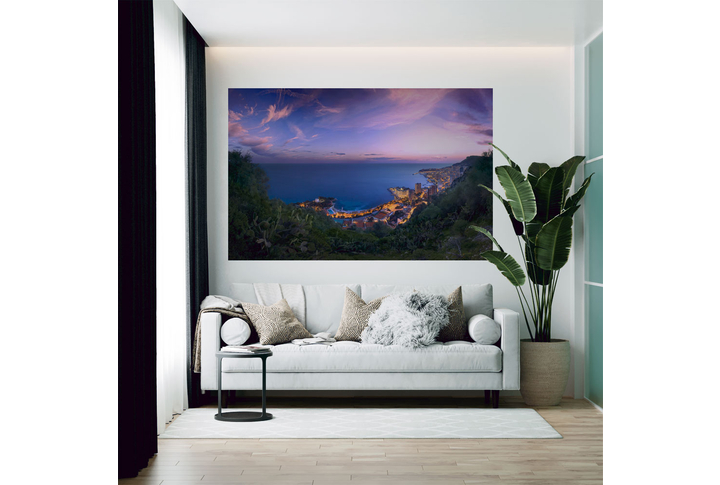 Фотообои «Сиреневый закат над городком в горах у моря» в интерьере