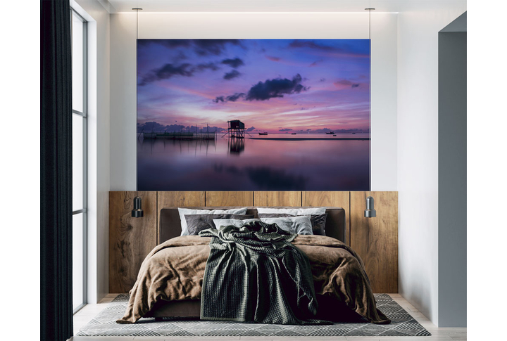 Фотообои «Озеро и речка в сиреневом закате» в интерьере