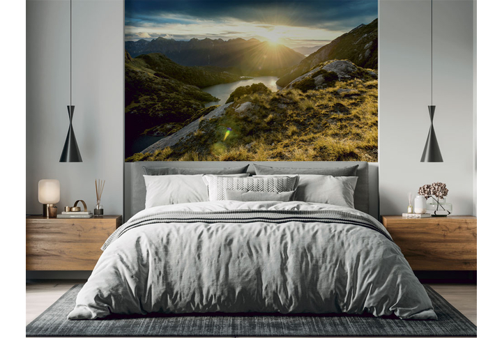 Фотообои «Горы и река в свете заката» в интерьере