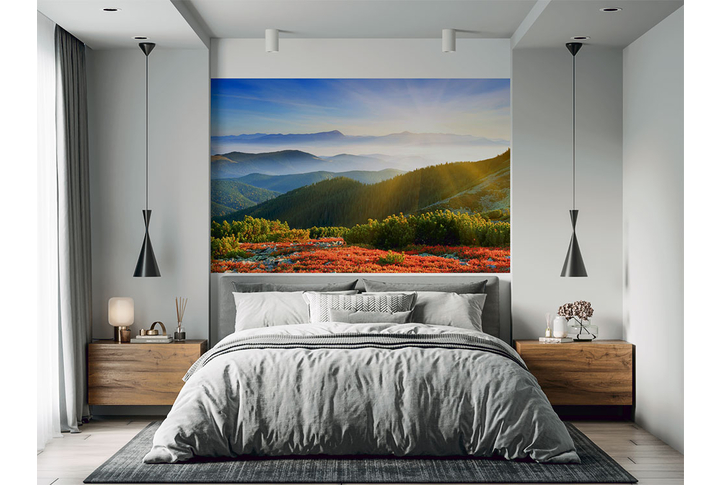 Фотообои «Солнце над горами и лесом в тумане» в интерьере