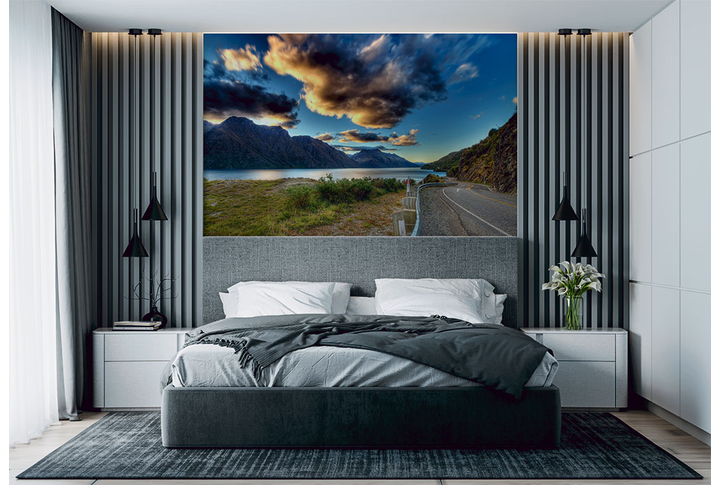 Фотообои «Дорога в горах у озера на закате» в интерьере
